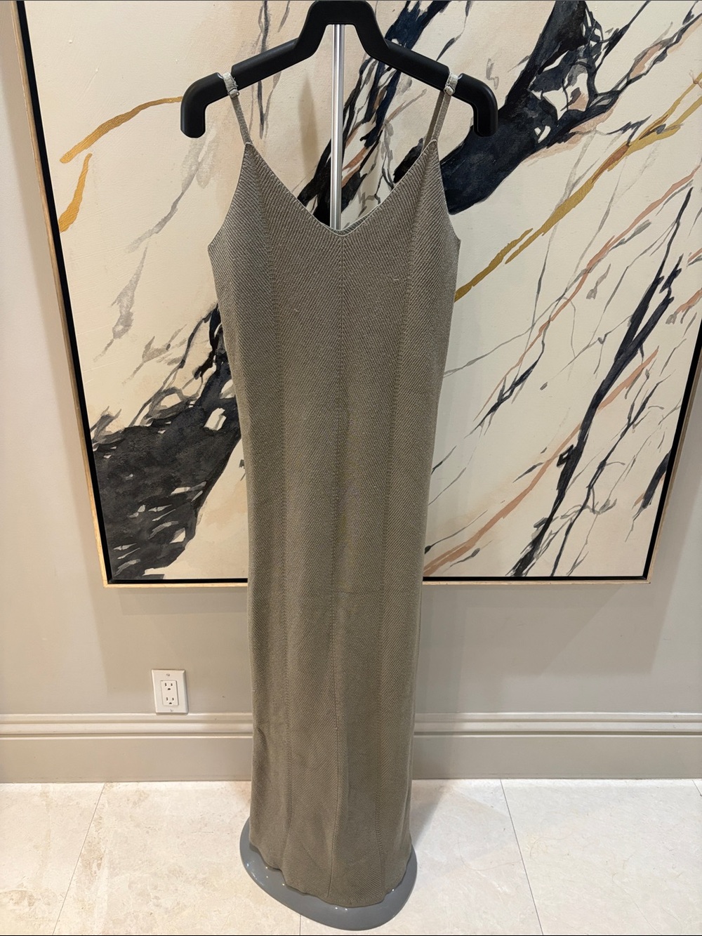 Freshman Olive Green Knit Slip Maxi Dress with Spaghetti Straps